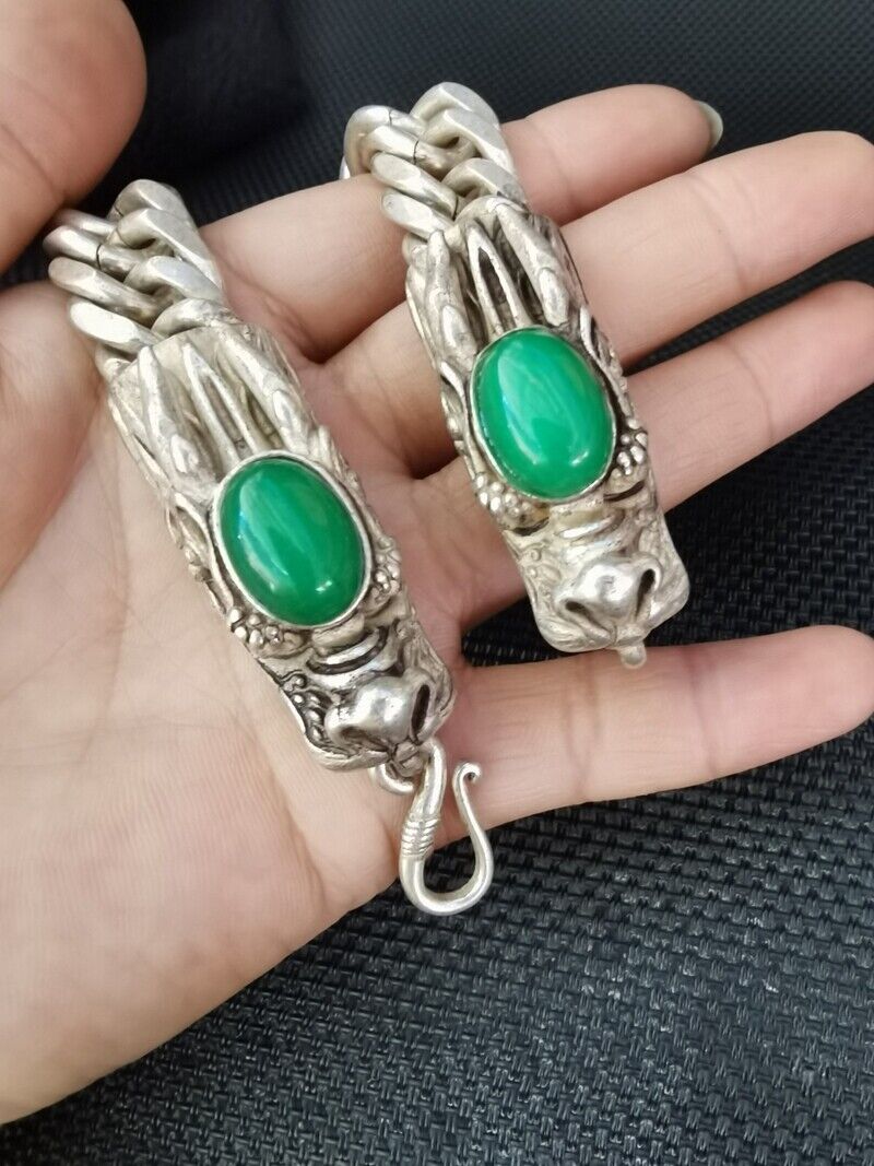 Chinese Old Tibetan Silver Handmade Dragon Head Inlaid Green Jade Bracelet