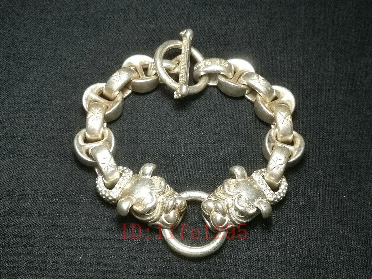 Chinese miao silver hand carved dog head statue bracelet Collection