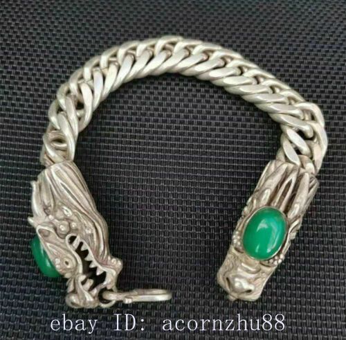 China Old Tibetan Silver Inlaid with Green jade Dragon Bracelet