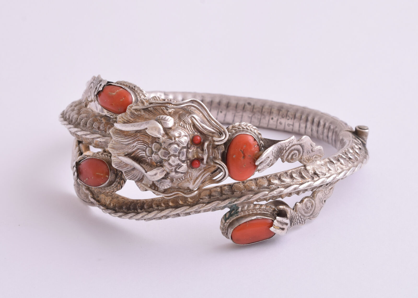 Vintage Ethnic Chinese Oriental Red Coral-Sterling Silver Dragon Bracelet