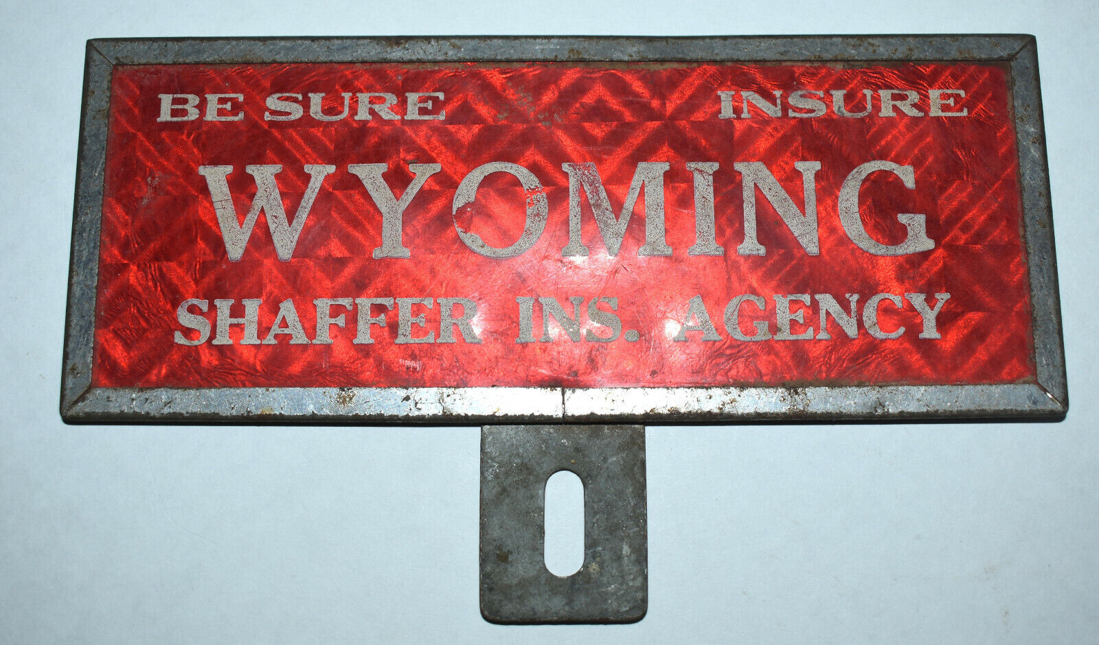 Vintage License Plate Topper Shaffer Insurance Company WYOMING IOWA Advertising