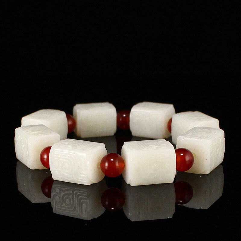 Chinese White Hetian Jade Square Beads Bracelet