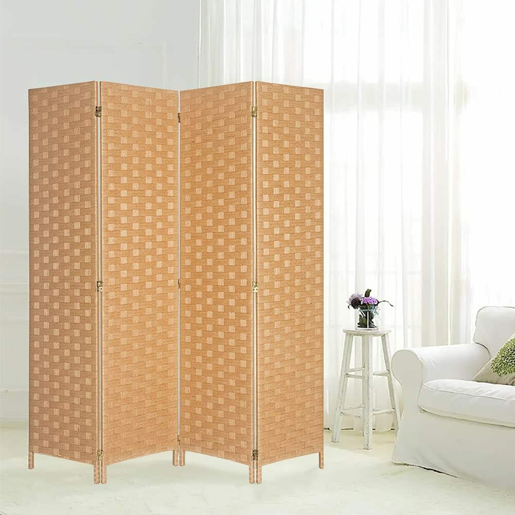 4 Panels Room Divider Double Side Woven Fiber Screen Privacy Space Seperate Gift