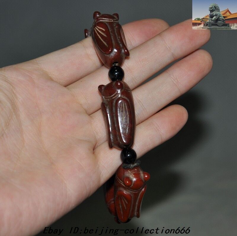 Chinese Old Jade Carved Wealth Animal Cicada Statue Amulet Bracelet Hand Chain