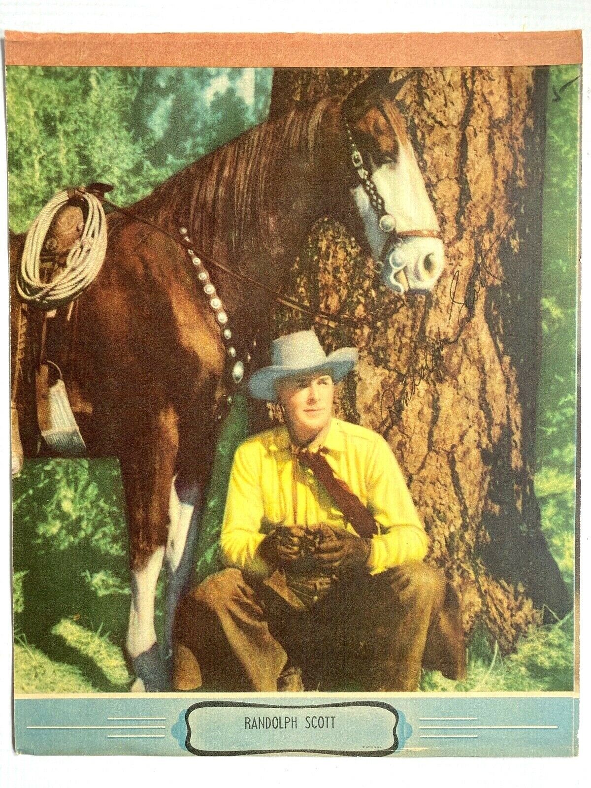 1930s RANDOLPH SCOTT Hollywood Western Actor COLOR PUBLICITY PRINT Cowboy, Horse