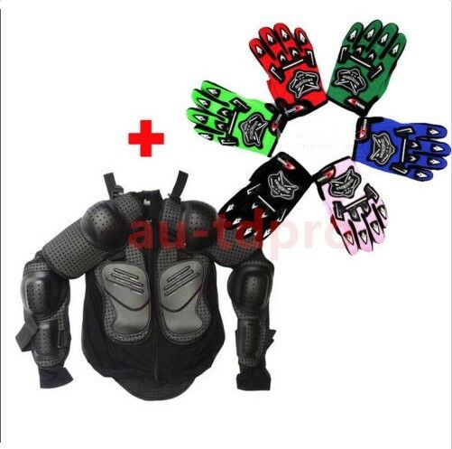 Kids Motorcycle Full Body Armor Jacket Spine Chest Protection Gear + Gloves