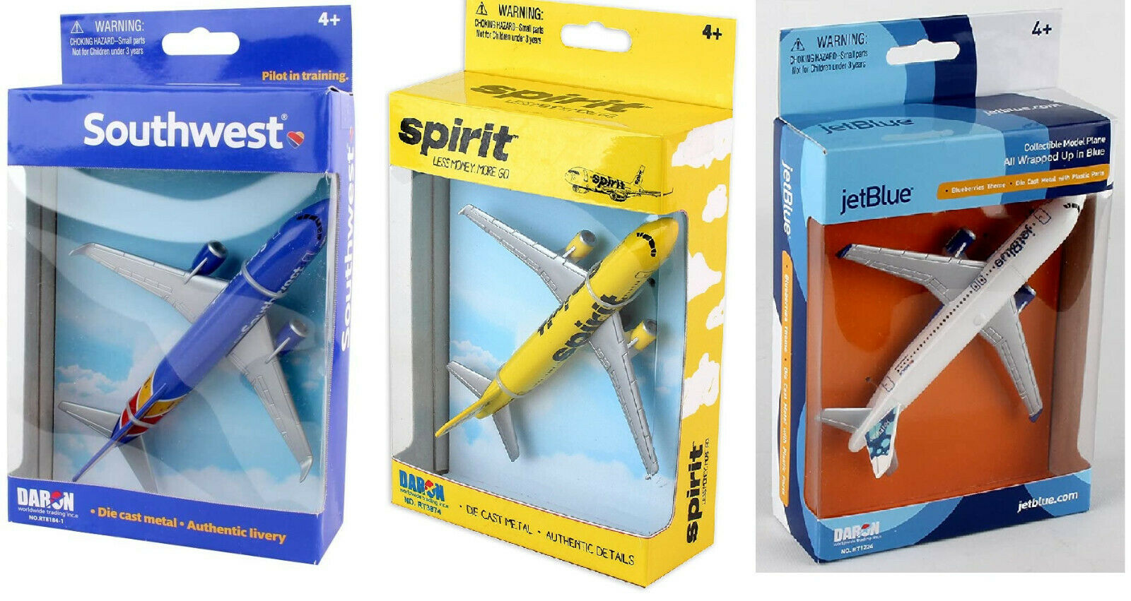Daron Southwest, Jetblue & Spirit airline airplane Die-cast Toy Planes -3 Pack