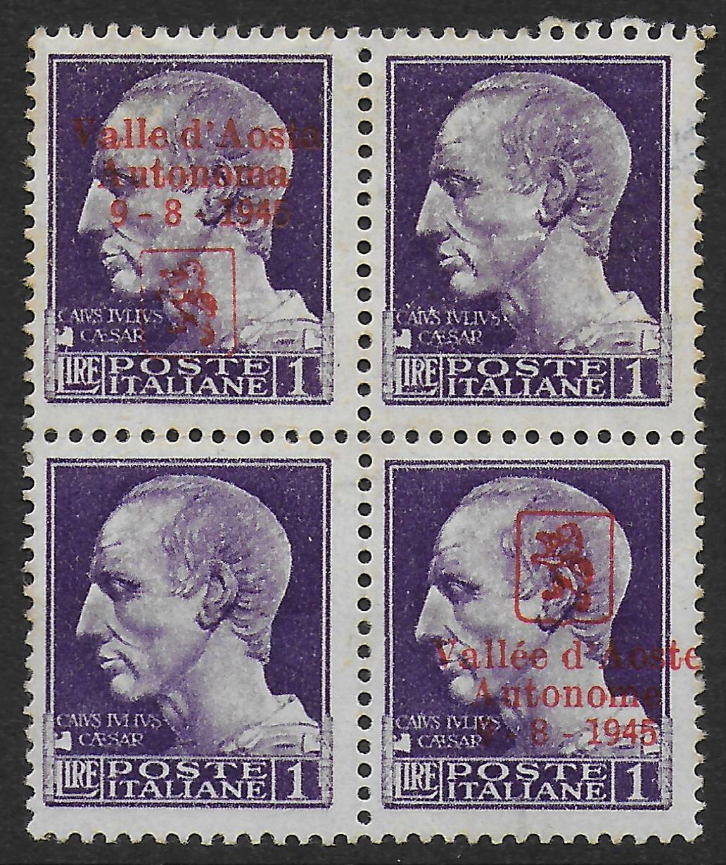 Italy/AOSTA stamps Interesting LOCAL Bloc of 4 with and without ovpts MLH VF