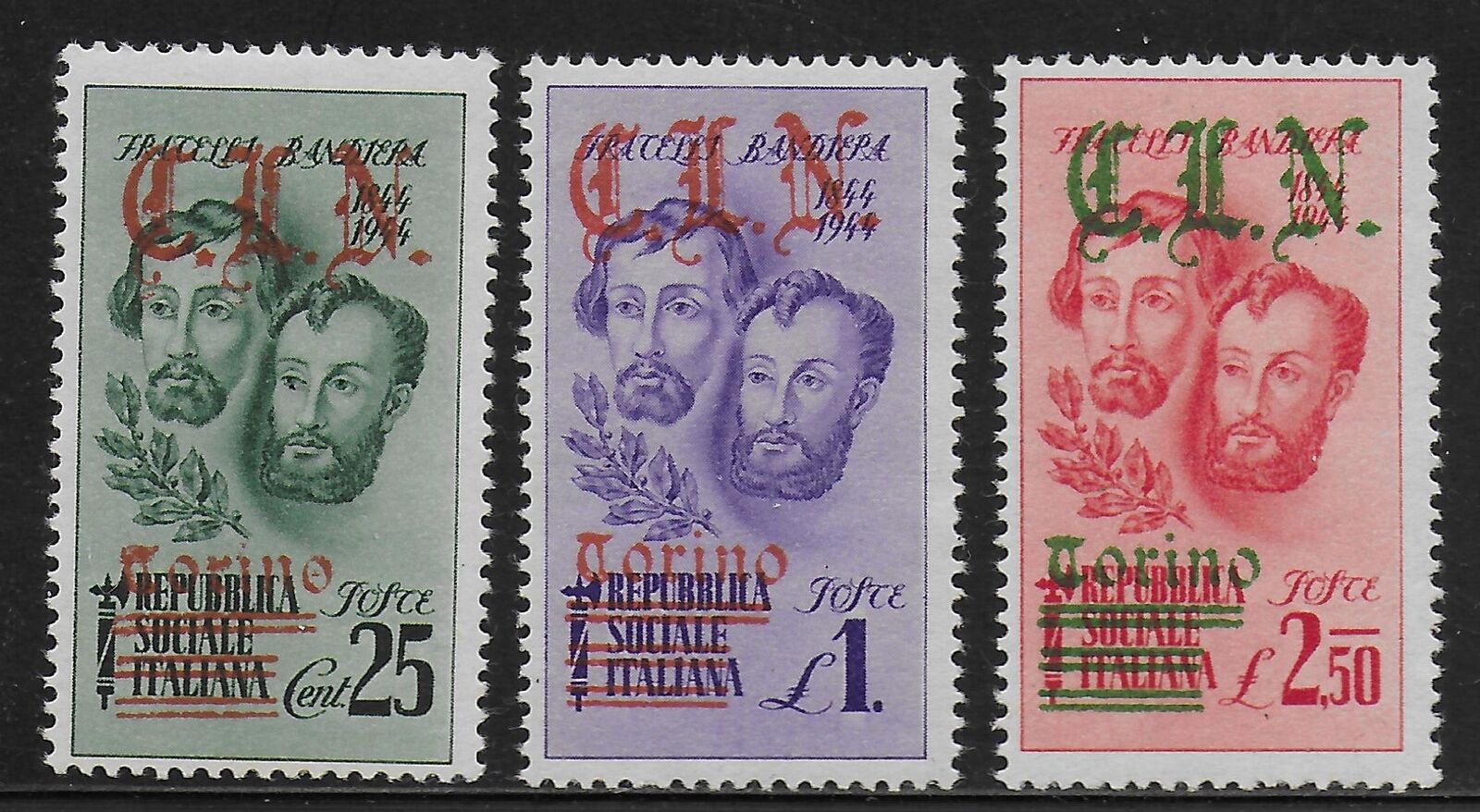 Italy/TORINO stamps 1944 3 ovpt LOCAL stamps Fratelli Bandjera MLH VF