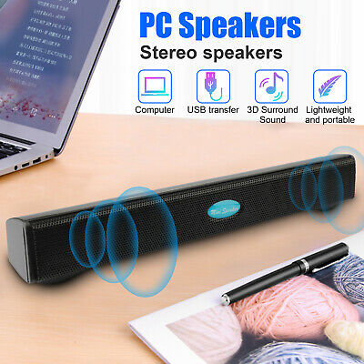 USB Wired Computer Speakers Stereo Sound Bar 3.5mm Jack w/Clip For Desktop PC US
